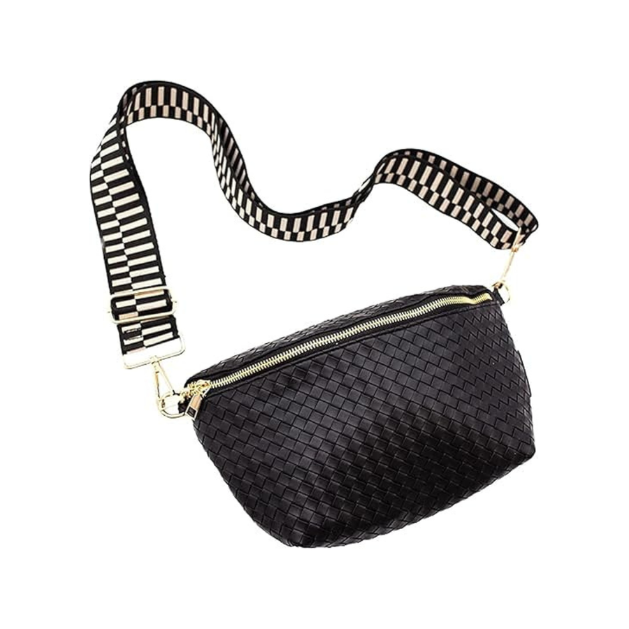 Black woven sling bag for women in vegan leather with adjustable strap