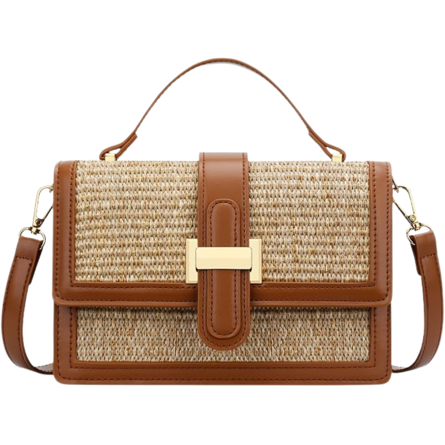 Brown crossbody straw bag for women with woven straw design