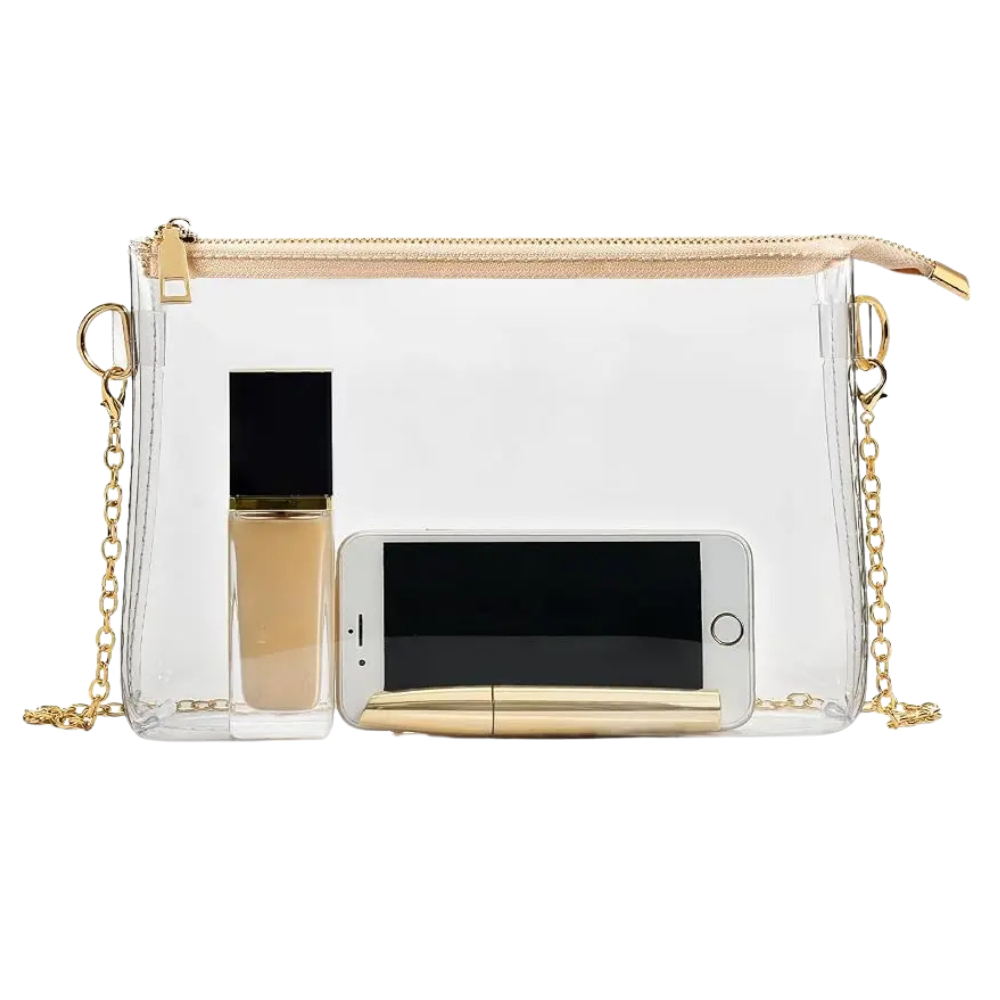 Beige clear crossbody bag with adjustable strap and zipper closure for concerts and sports events