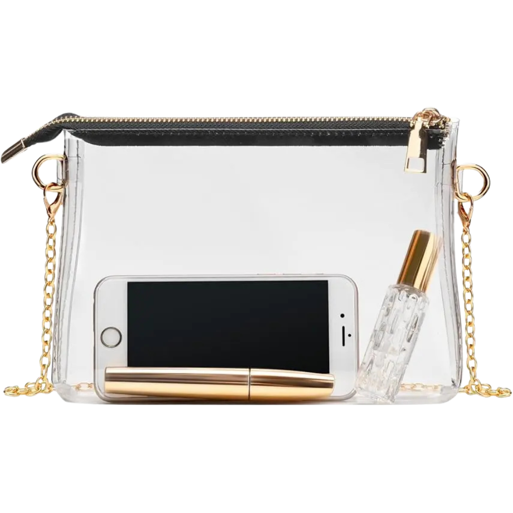 Black clear crossbody bag with adjustable strap and zipper closure for stadium and concert use