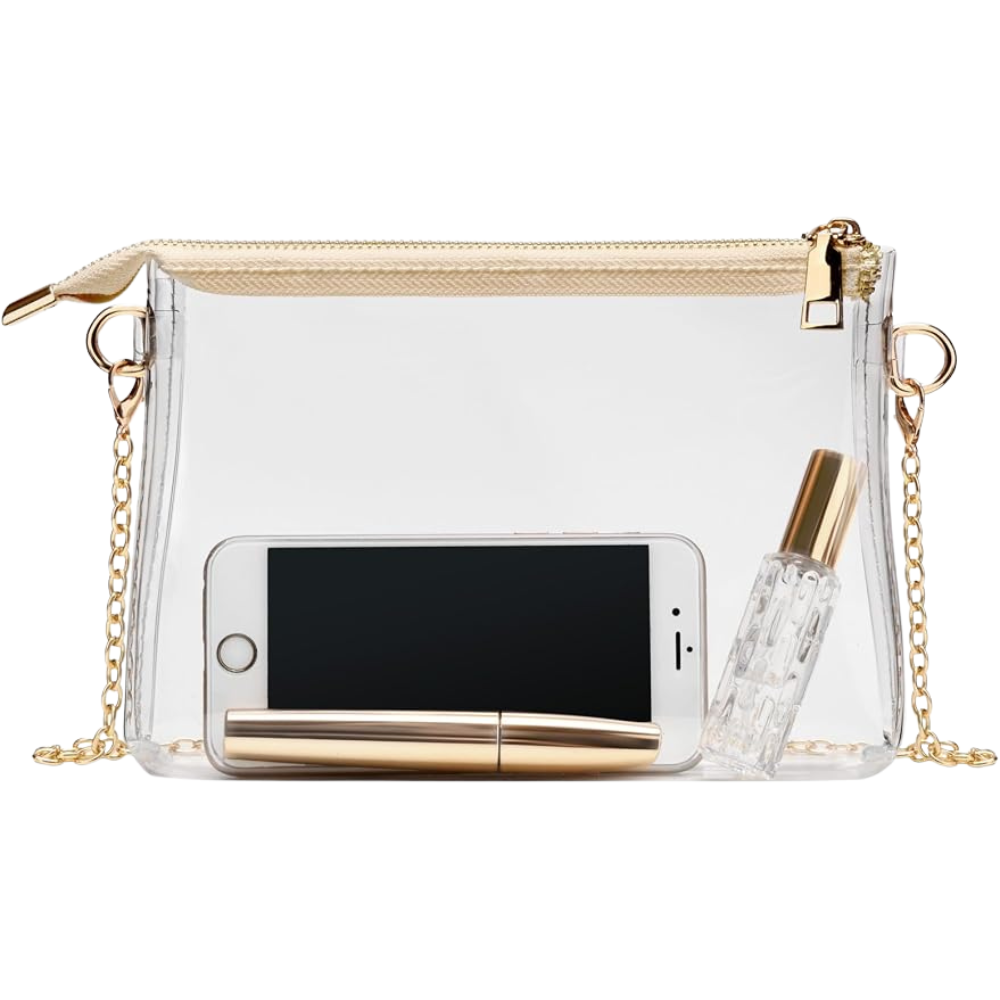 Light brown clear crossbody bag with adjustable strap and zipper closure for stadium events