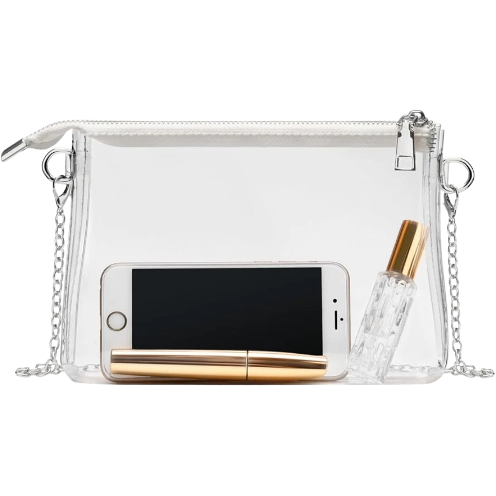 Pearl silver clear crossbody bag with adjustable strap and zipper closure for concerts and sports events