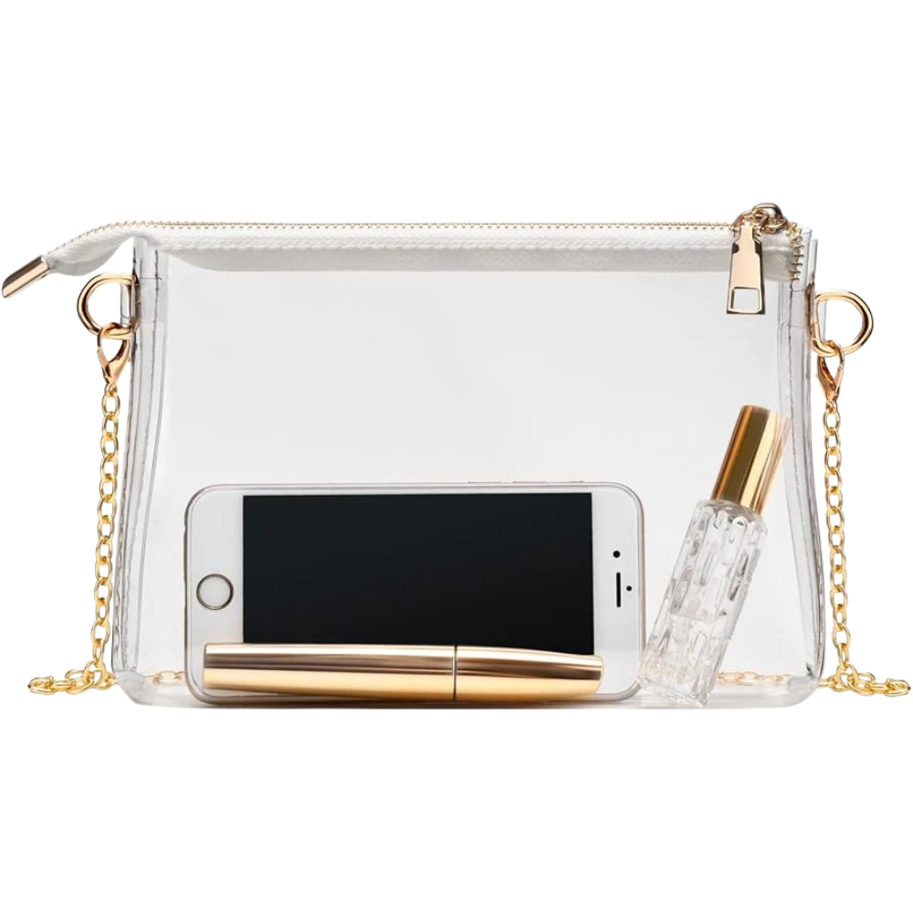 Silver clear crossbody bag with adjustable strap and zipper closure for stadiums and concerts