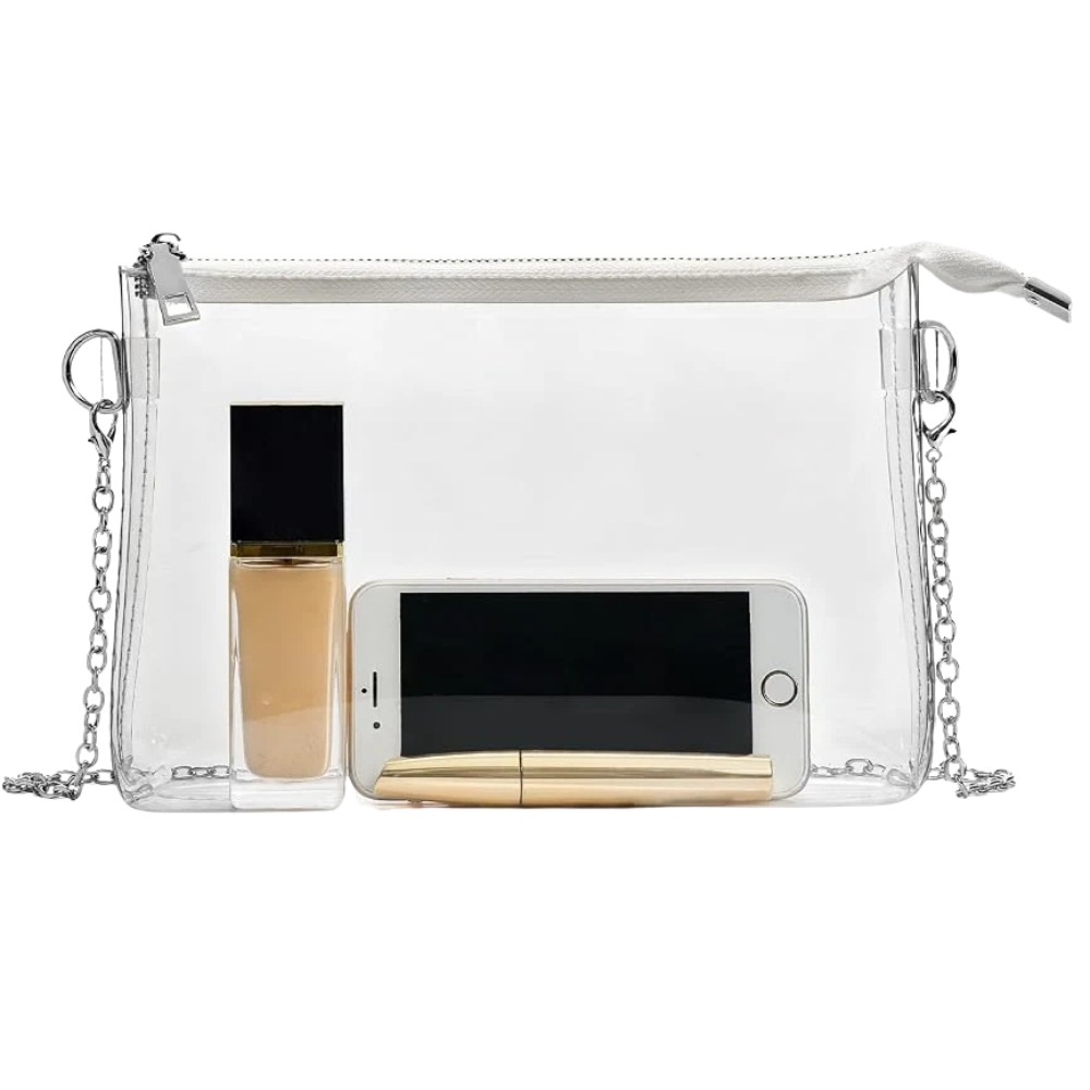 White L clear crossbody bag with adjustable strap and zipper closure for stadium and concert events