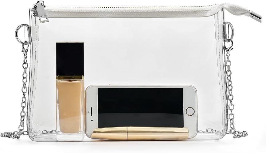 White clear crossbody bag with adjustable strap and zipper closure for stadiums and concerts