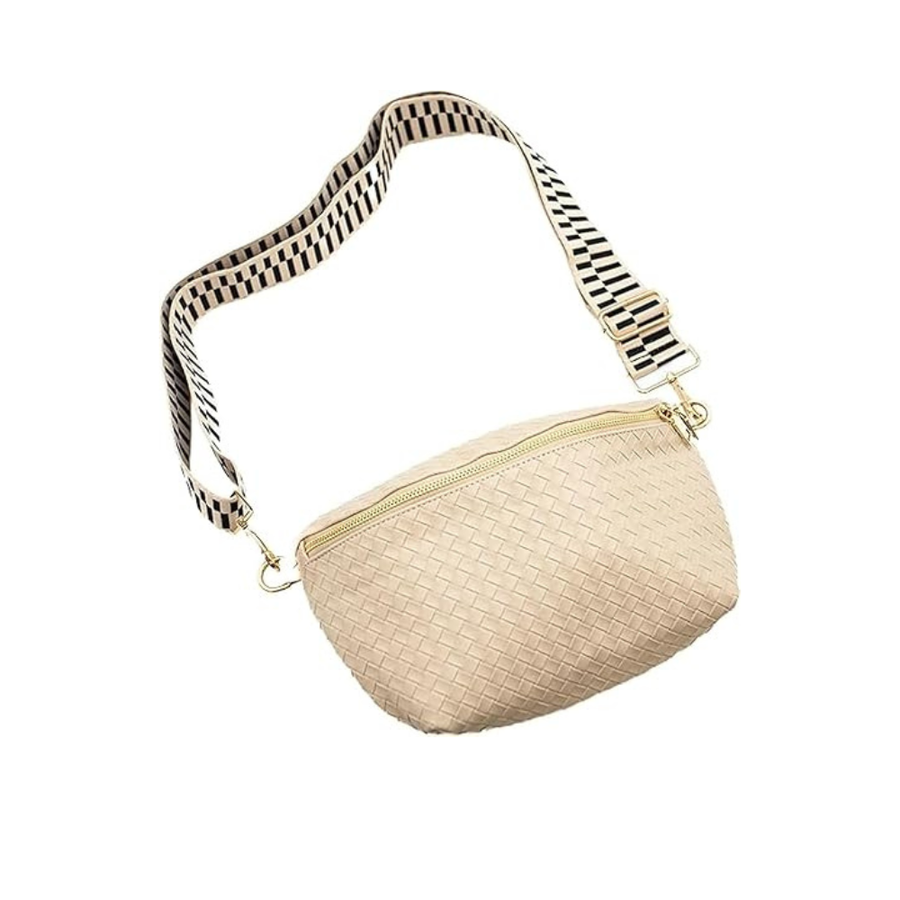 Cream woven sling bag for women in vegan leather with adjustable strap