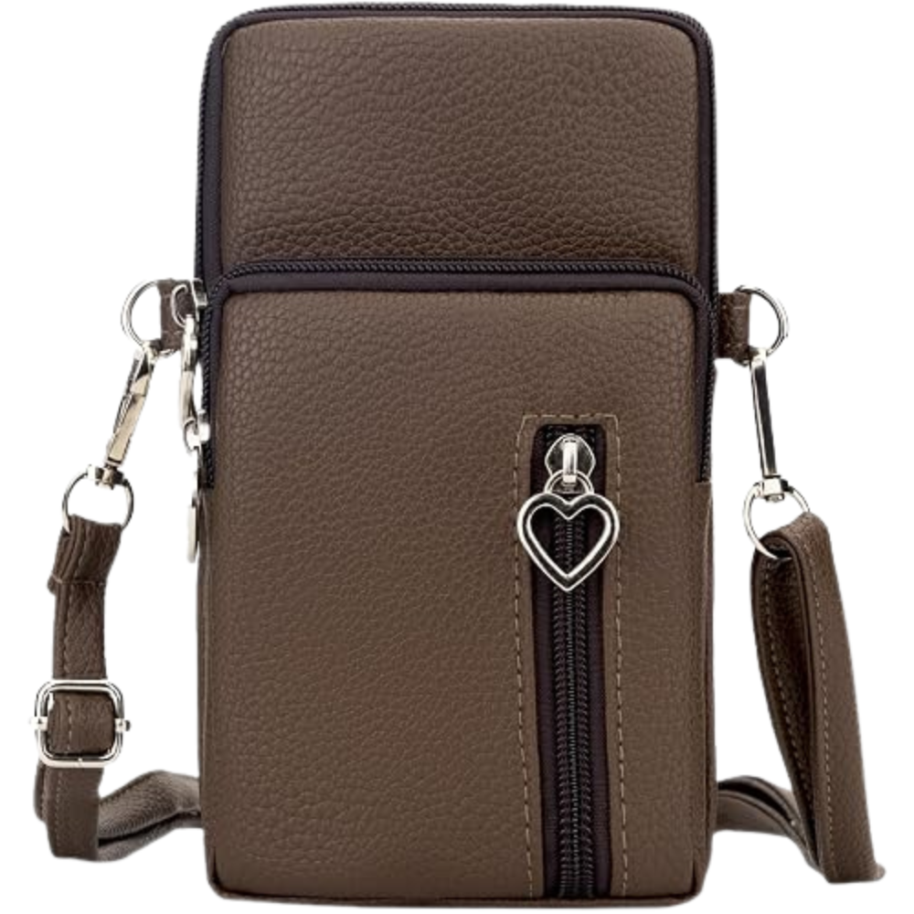 Dark brown crossbody phone bag for women with zippered pockets