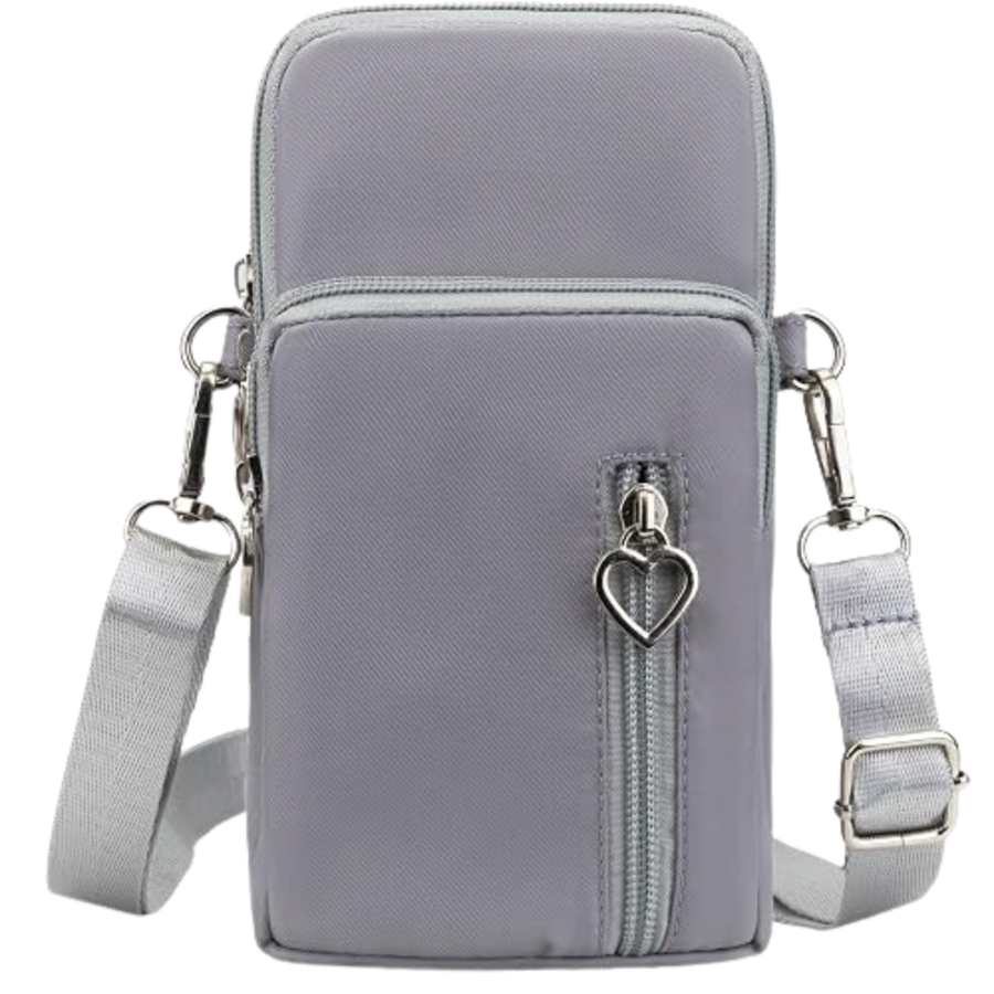 Gray crossbody phone bag for women with zippered pockets