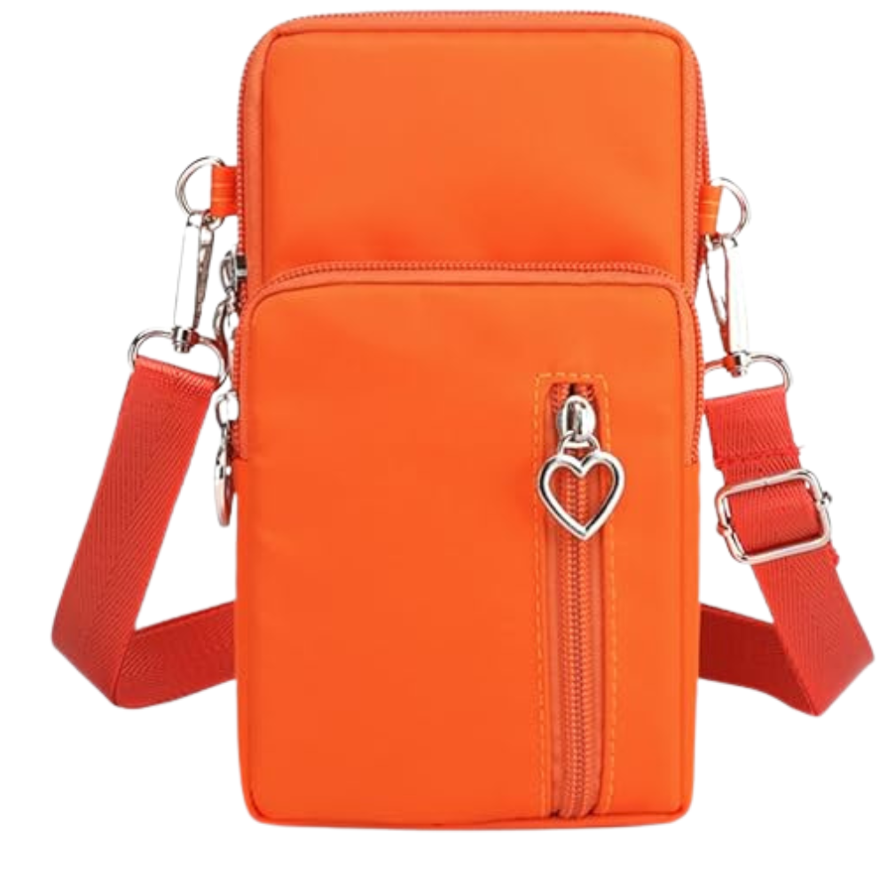Orange crossbody phone bag for women with zippered pockets