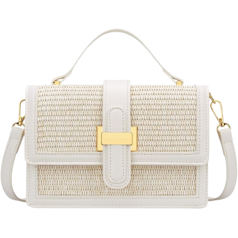 White crossbody straw bag for women with woven summer design